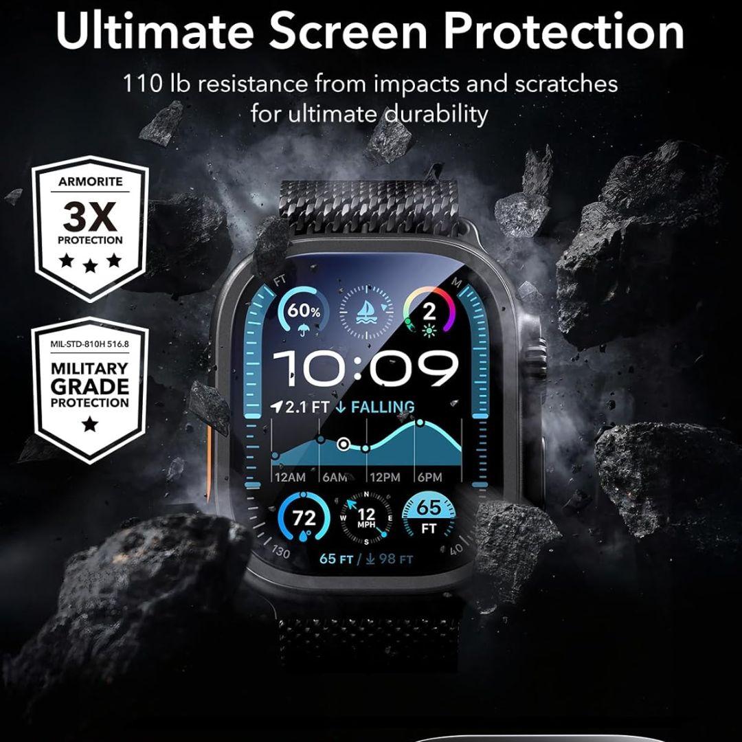 A vibrant display shows key stats amid rocks, highlighting the ESR Amorite Screen Protector for Apple Watch Ultra 2/1 Black with edge-to-edge coverage and 110 lb tempered glass durability for impact resistance.
