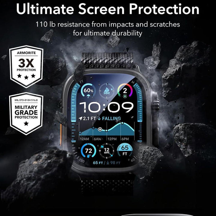 A vibrant display shows key stats amid rocks, highlighting the ESR Amorite Screen Protector for Apple Watch Ultra 2/1 Black with edge-to-edge coverage and 110 lb tempered glass durability for impact resistance.