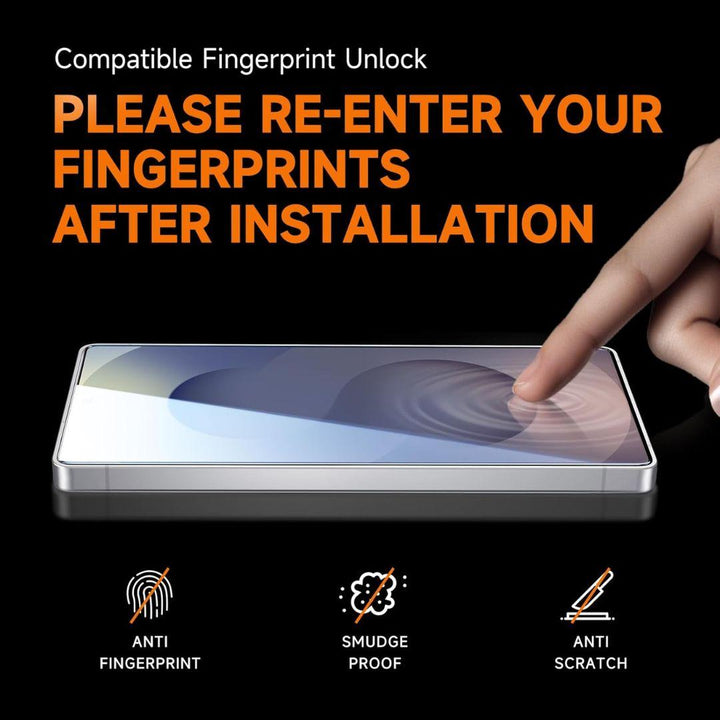 A hand touches a phone screen with a fingerprint icon, and text reads: "Compatible Fingerprint Unlock. Please re-enter fingerprints after installation." Icons show this MobileTechnica Magic John S25 Ultra Tempered Glass 2-pack resists smudges, scratches, and fingerprints.