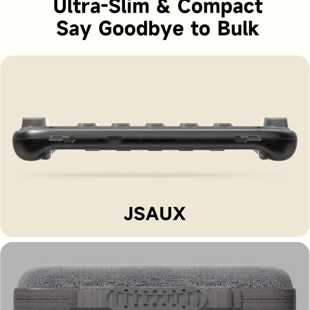 The Jsaux Nintendo Switch 2 Slim Carry Case features ultra-slim, compact design and holds 10 game cards. Shown side and top views highlight its sleek profile. Beige-gray background reads: “Ultra-Slim & Compact Say Goodbye to Bulk.”.
