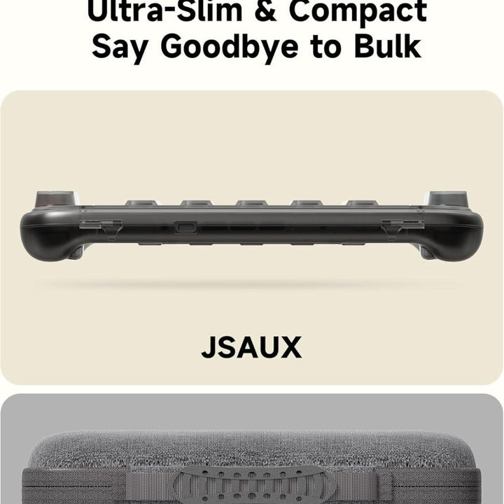 The Jsaux Nintendo Switch 2 Slim Carry Case features ultra-slim, compact design and holds 10 game cards. Shown side and top views highlight its sleek profile. Beige-gray background reads: “Ultra-Slim & Compact Say Goodbye to Bulk.”.