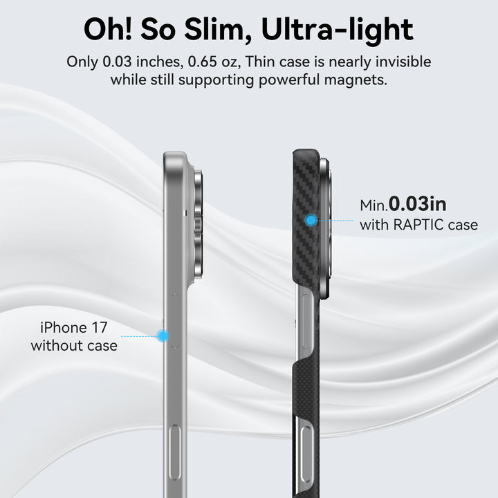 Compare the iPhone 17 with and without the Raptic Geotik Aramid Fibre Case. This ultra-slim, MagSafe compatible case from Raptic adds just 0.03 inches of thickness while offering advanced lightweight protection.