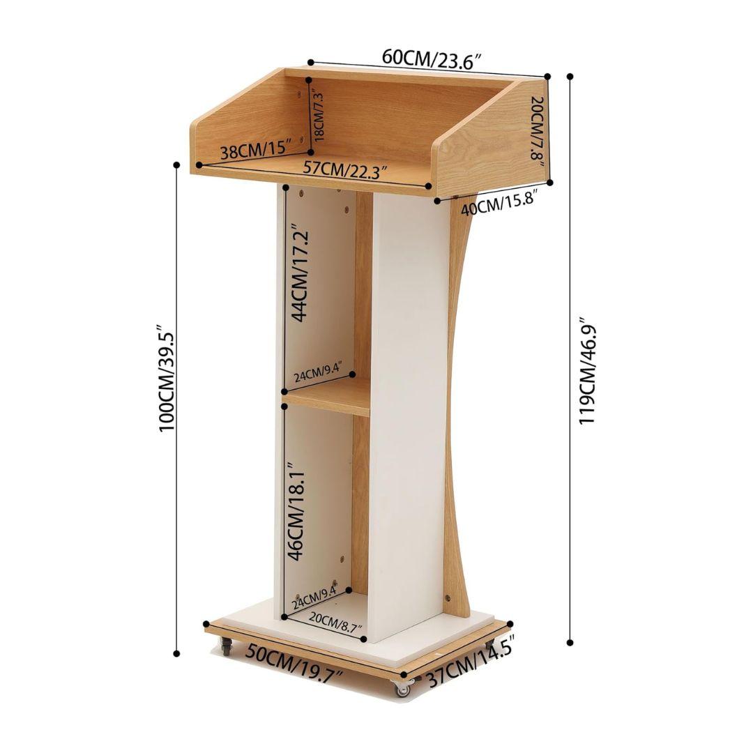 The MobileTechnica Podium Lecturn Rolling Stand features a wooden and white design with two storage shelves. It measures 100cm/39.5" high, top width 60cm/23.6", depth 38cm/15", and base width 50cm/19.7".