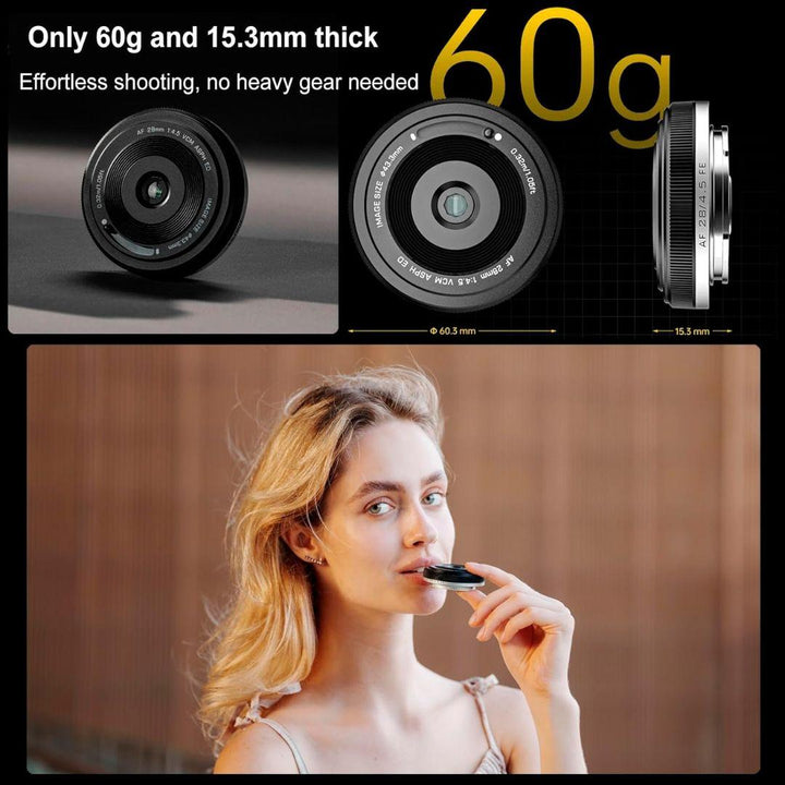 Promotional image for the Viltrox 28mm f/4.5 FE lens for Sony Full Frame Cameras by Viltrox, showcasing its ultra-light 60g weight and slim 15.3mm thickness, technical close-ups, and a woman smiling with the lens near her lips against a blurred background.