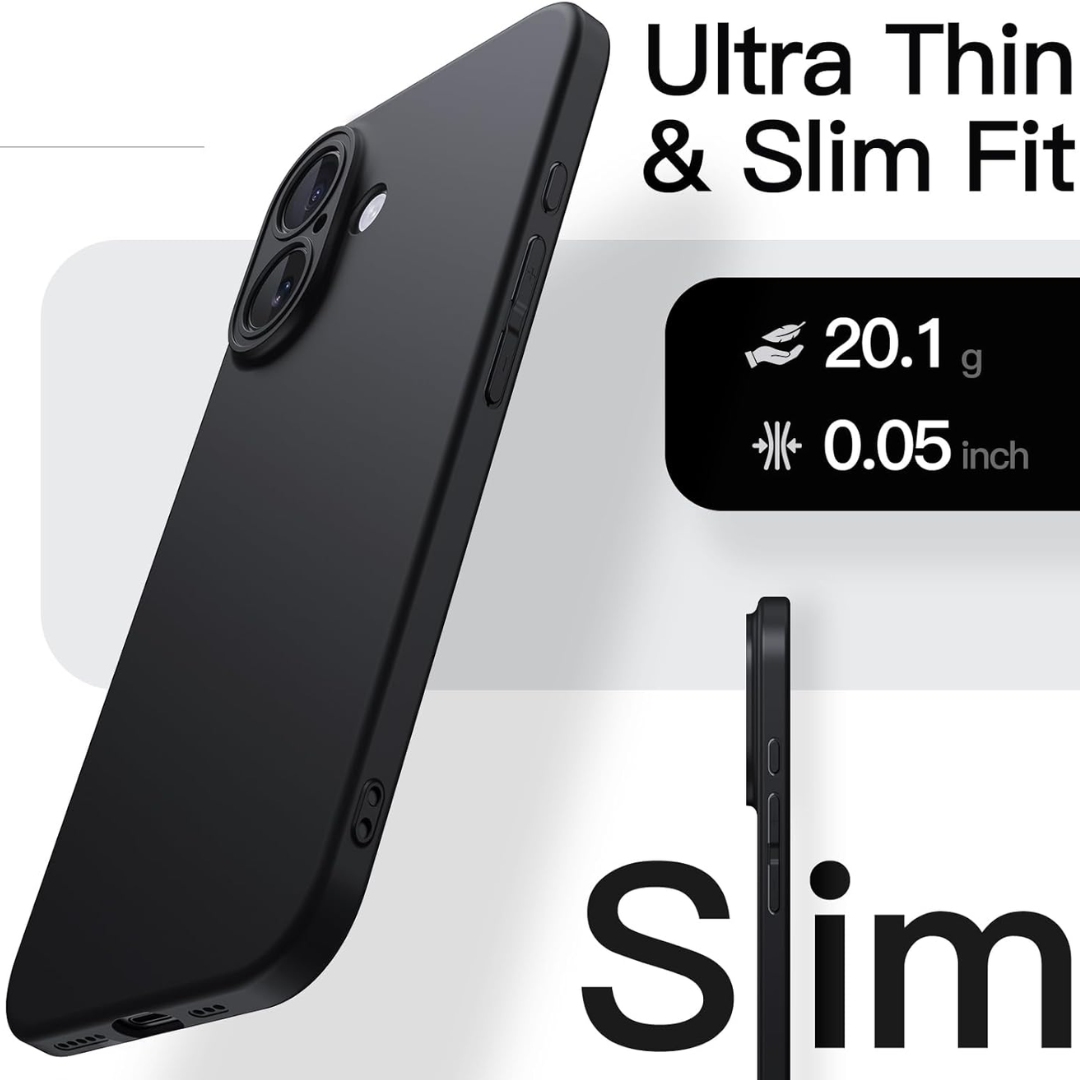 The JETech Slim iPhone 16 case is shown upright, highlighting its ultra thin (0.05 inch), slim fit design. Weighing just 20.1g, this black MagSafe-compatible case by JETech offers sleek style and reliable protection.