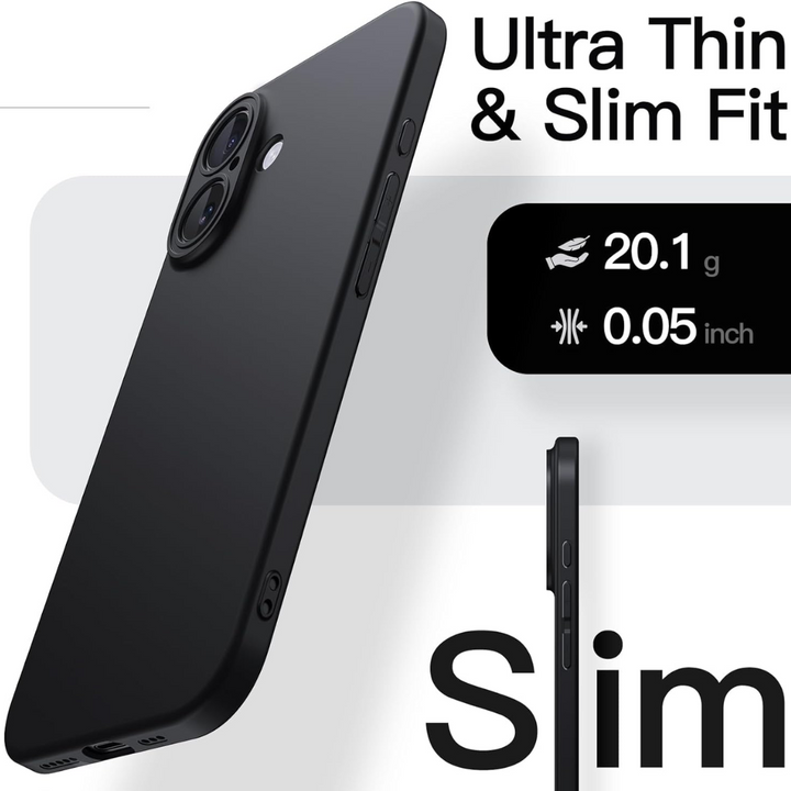 The JETech Slim iPhone 16 case is shown upright, highlighting its ultra thin (0.05 inch), slim fit design. Weighing just 20.1g, this black MagSafe-compatible case by JETech offers sleek style and reliable protection.