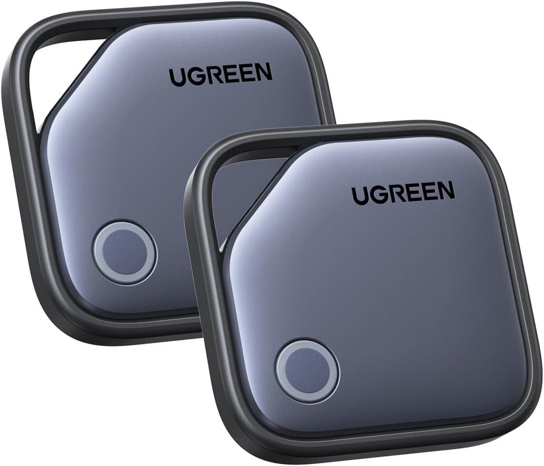 The UGREEN 2 Pack FineTrack Smart Finder includes two rounded-square Bluetooth trackers with metallic gray faces, black borders, a corner button, and the "UGREEN" logo near the top; each features a 2-year battery and 80dB alarm.