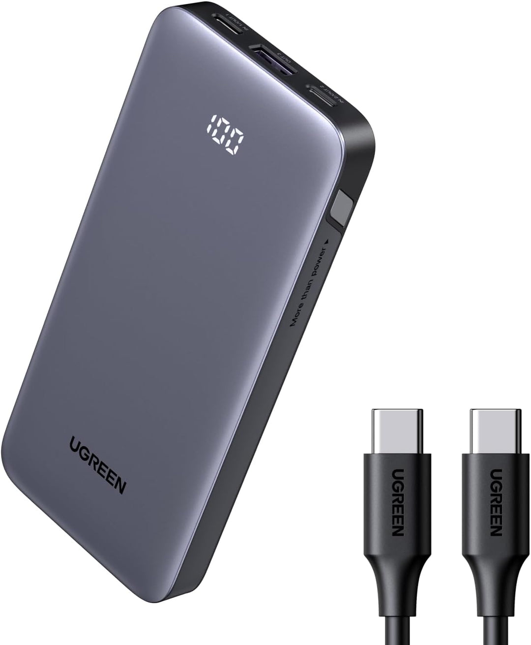 The UGREEN Slim Power Bank 10000mAh 30W PD features a digital display, dual charging ports, fast charging, rounded edges, and a modern gray design. Compatible with iPhone 16 Pro Max, iPad, Galaxy S25 Ultra, Pixel 9 & more.