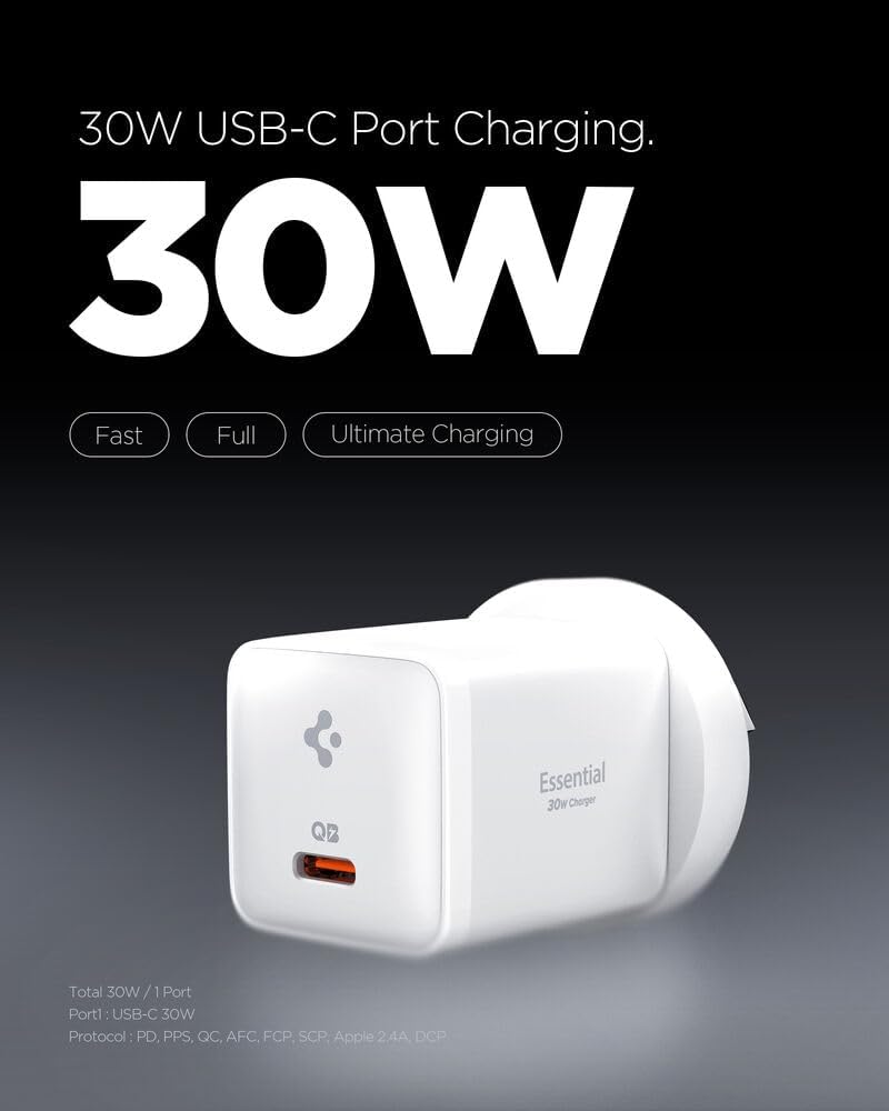 SPIGEN USB C Charger 30W GaN Pro Wall Charger for iPhone 17 16 15 14 iPad Galaxy S25 Z Fold 7 Pixel 10 Universal Power Adapter, Ultra Compact Design QC Essential Fast Charging Type C AU Plug - White