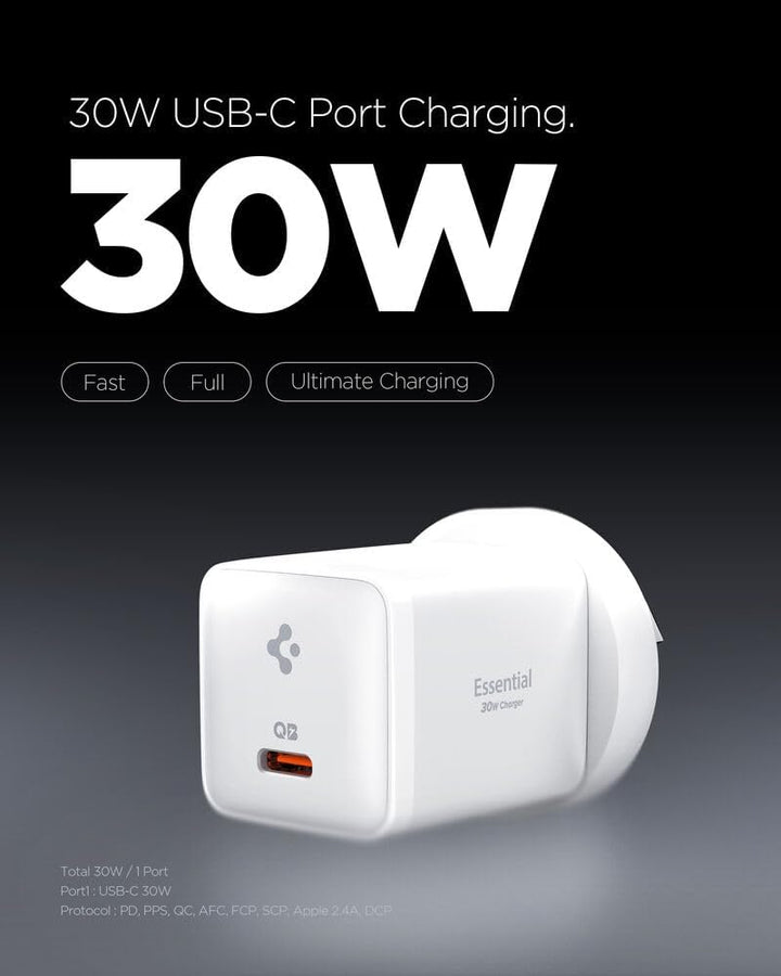SPIGEN USB C Charger 30W GaN Pro Wall Charger for iPhone 17 16 15 14 iPad Galaxy S25 Z Fold 7 Pixel 10 Universal Power Adapter, Ultra Compact Design QC Essential Fast Charging Type C AU Plug - White