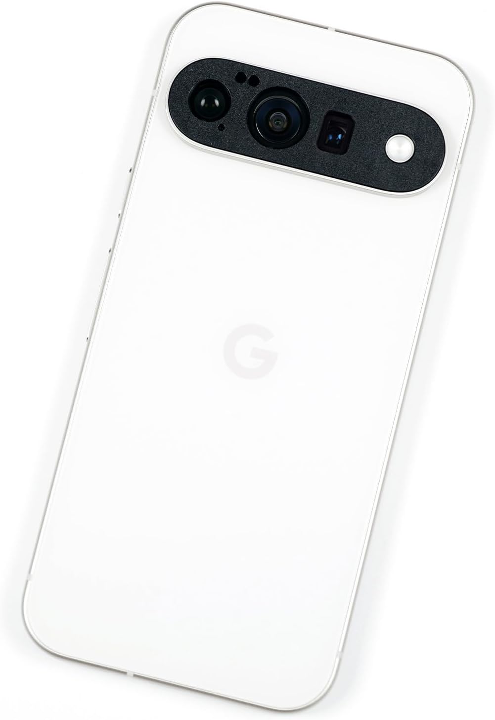 A white Google Pixel 10 5G is shown from the back, highlighting its sleek black camera bar with three lenses and a flash. The faint Google "G" logo appears on the rounded panel. Protected by MobileTechnica’s screen and camera protectors.