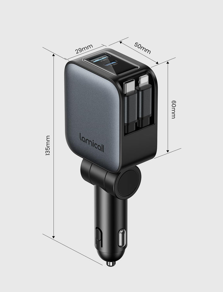 Lamicall 4 in1 Retractable Car Charger, 75W [Upgrade-Compact] Car Phone Charger Cigarette Lighter Adapter Fast Charging with 80cm Type-C/Lightning Cable for iPhone 17 Pro Max Air/16/15, Galaxy, Pixel