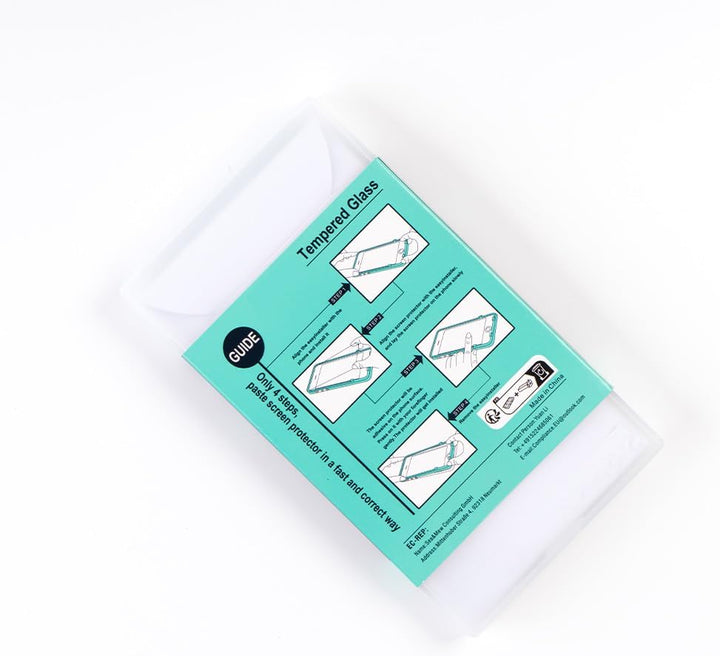 A white MobileTechnica package with a turquoise label displays illustrated steps and icons for the "Google Pixel 10 5G 6.3'' Screen Protector, 2 Pcs Tempered Glass, 1pc Camera Lens," featuring "Tempered Glass" and "Guide" clearly on the label.