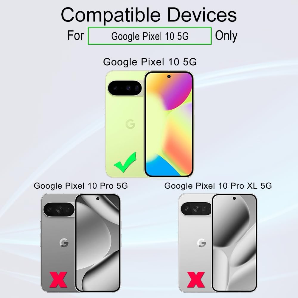 The premium aplus module shows a green check for the "MobileTechnica Google Pixel 10 5G 6.3” Screen Protector" and red X marks for the Pixel 10 Pro 5G and Pro XL 5G, confirming only the Pixel 10 5G variant is supported.
