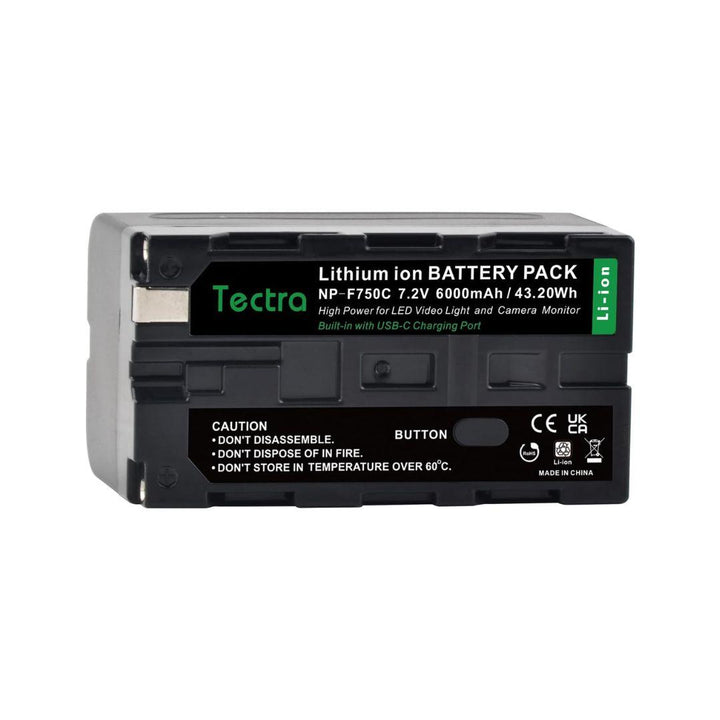 The MobileTechnica Tectra 6000mAh Battery 2-pack is compatible with Sony NP-F970/F750/F550 series, ideal for LED video lights and camera monitors. It features a black casing with green and white labels plus a side button.