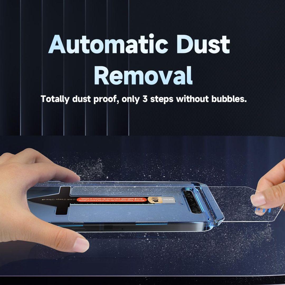Hands apply the MobileTechnica Samsung Galaxy S25 Ultra Screen Protector Tempered Glass (2-pack) with an alignment tool. “Automatic Dust Removal—100% dustproof, bubble-free in 3 easy steps.” Dust vanishes as the protector is installed.