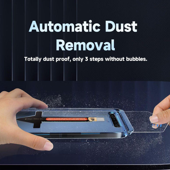 Hands apply the MobileTechnica Samsung Galaxy S25 Ultra Screen Protector Tempered Glass (2-pack) with an alignment tool. “Automatic Dust Removal—100% dustproof, bubble-free in 3 easy steps.” Dust vanishes as the protector is installed.