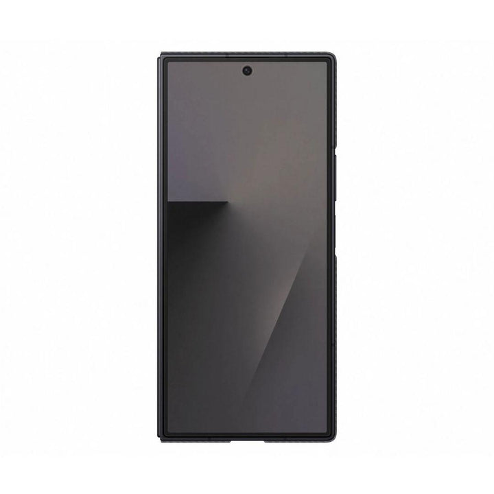 A black Samsung Galaxy Z Fold7 is displayed facing forward with a large screen showing a geometric pattern. It's protected by the ultra-slim Carbon Shield Case by Samsung, emphasizing its sleek design against a white background.