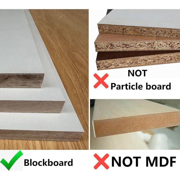 A comparison image highlights blockboard (left, green check) over particle board and MDF (both with red X), showing why the MobileTechnica Podium Lecturn Rolling Stand is ideal for lectures with its sturdy, quality reading surface and storage shelves.