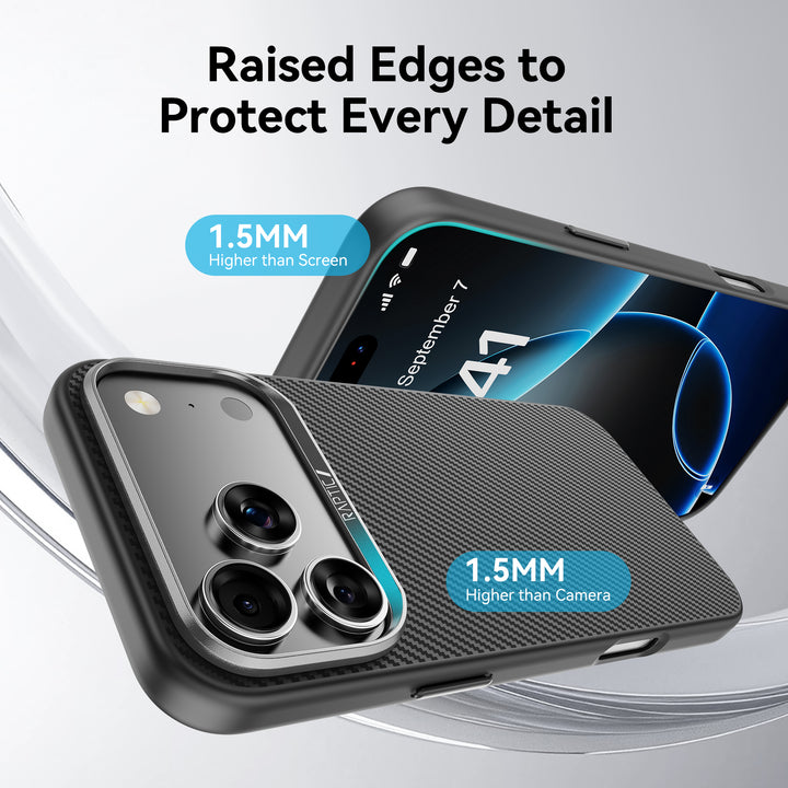 A close-up of the Raptic Aramid 600D case for iPhone 17 in ribbed black shows MagSafe compatibility and 1.5mm raised edges for camera and screen protection. Lock screen on another phone. Above, text reads: “Raised Edges to Protect Every Detail.”.