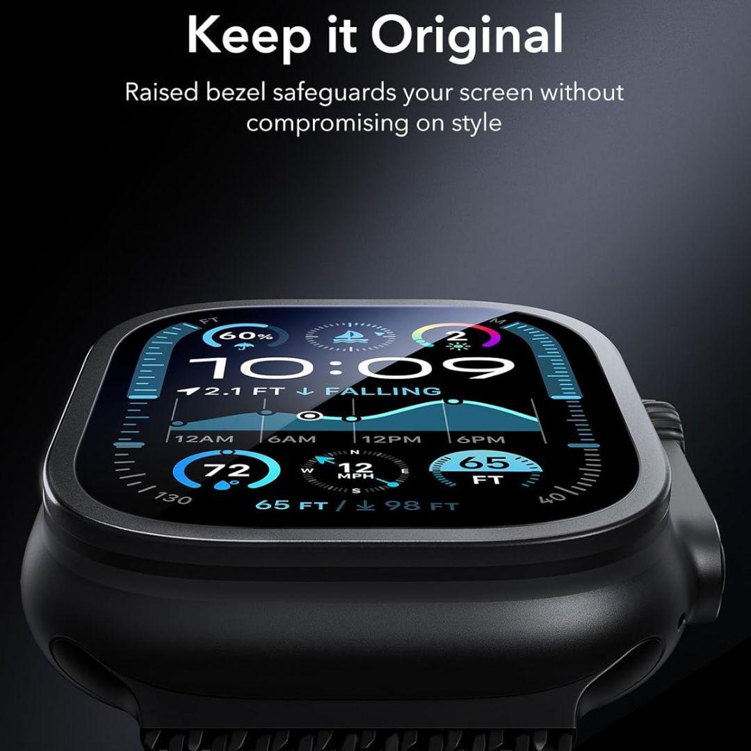 A close-up of the ESR Amorite Screen Protector for Apple Watch Ultra 2/1 Black, with a vibrant display and raised bezel for edge-to-edge protection. Text above reads: “Keep it Original. Raised bezel safeguards your screen without compromising style.”.