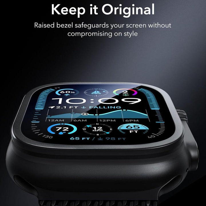 A close-up of the ESR Amorite Screen Protector for Apple Watch Ultra 2/1 Black, with a vibrant display and raised bezel for edge-to-edge protection. Text above reads: “Keep it Original. Raised bezel safeguards your screen without compromising style.”.