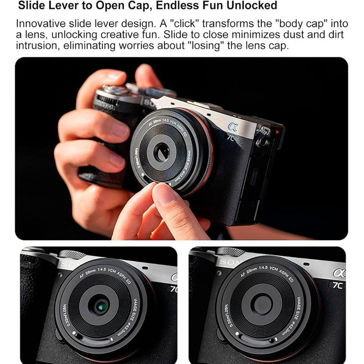A person holds a Sony Alpha 7C with a Viltrox 28mm f/4.5 FE lens, featuring a round Viltrox lens cap with a slide lever. Close-ups show the cap closed and open, revealing the wide-angle lens and its dust-proof sliding mechanism.