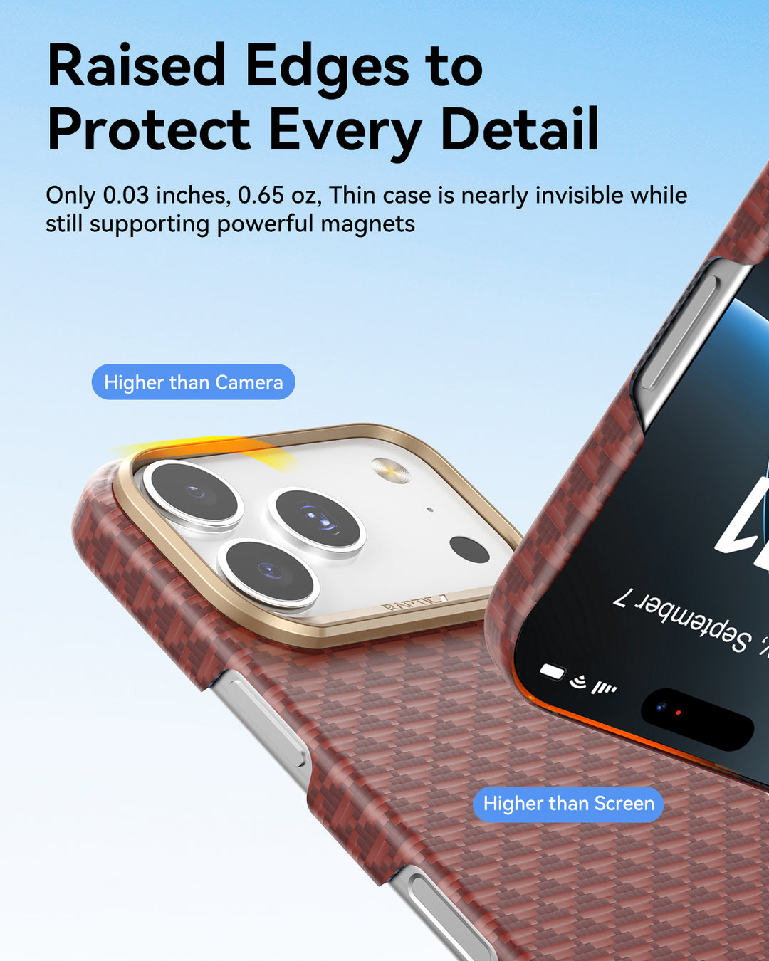 A close-up of the Raptic iPhone 17 Aramid Fibre Case shows its ultra-slim red aramid fiber build with raised edges above the camera and screen. Text highlights lightweight, MagSafe compatibility, and blue labels point to key protective features.