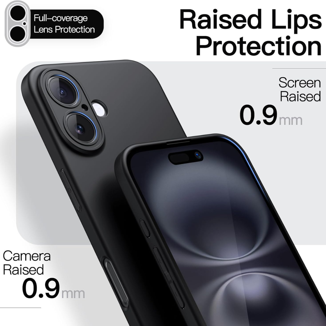 The JETech Slim iPhone 16 case is shown on two phones, featuring 0.9mm raised lips for full-coverage lens and screen protection. Text reads “Raised Lips Protection” and “Full-coverage Lens Protection.” MagSafe compatible design.