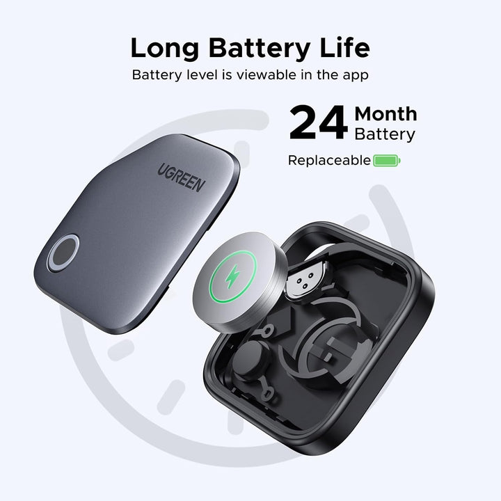 The image features the UGREEN 2 Pack FineTrack Smart Finder with its battery compartment open, showing its 2-year replaceable battery. Text notes long battery life, app-viewable battery level, and item location convenience via Bluetooth and Apple Find My.