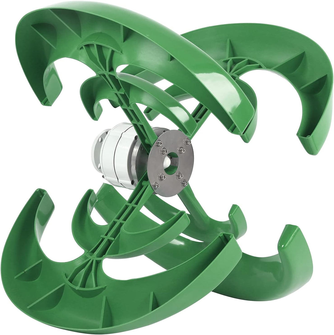 The MobileTechnica 1200W Green Lantern-shaped wind turbine features four curved blades and a silver cylindrical hub, offering efficient 12V power generation with its unique double-helix design and a 0.9m wheel diameter. Includes controller.