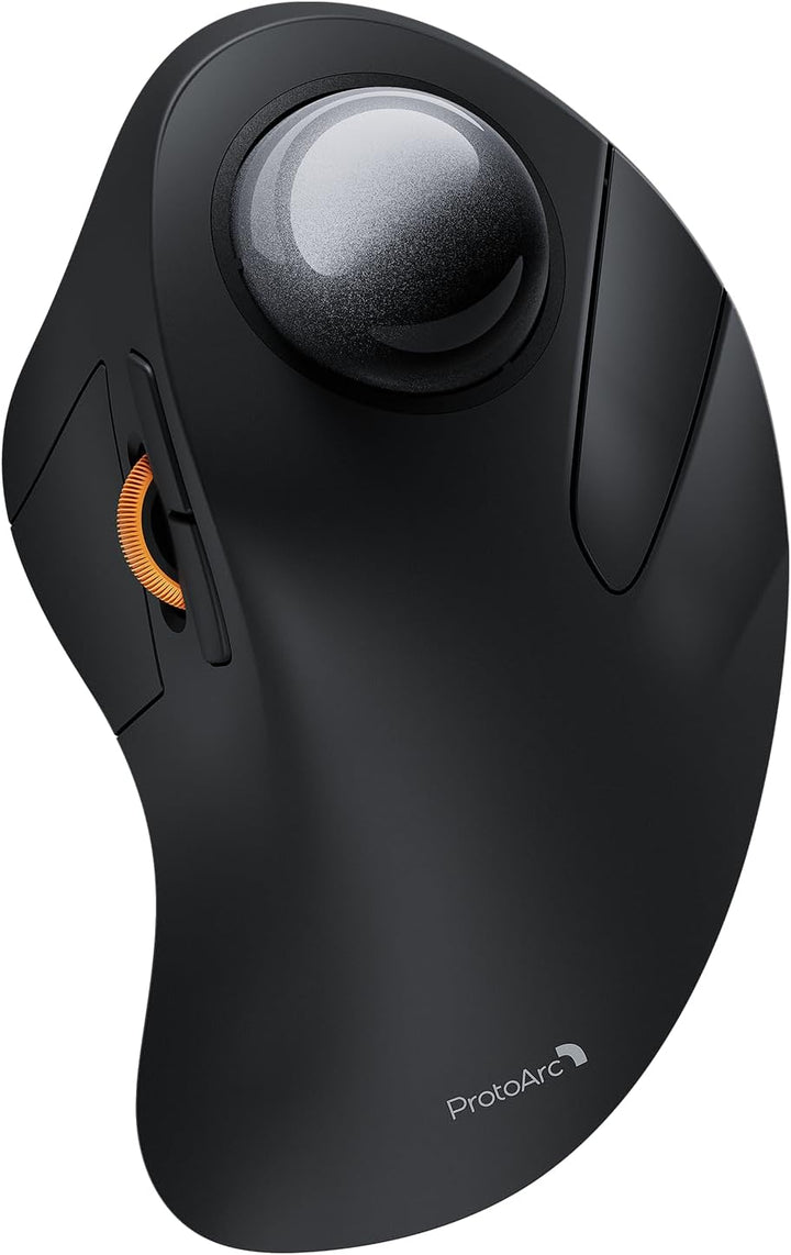 The MobileTechnica ProtoArc EM03 is a Mac-Gray wireless Bluetooth ergonomic trackball mouse with a left large glossy ball, orange scroll wheel, two side buttons, adjustable angle, and 3-device connection for relaxed hand support.