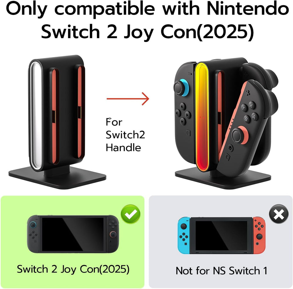 A graphic shows the MobileTechnica Mcbazel 4-in-1 RGB Charging Dock for Switch 2 Joy Con—highlighting LED lights and safety. Left: Switch 2 Joy Cons (2025) marked compatible; right: Switch 1 Joy Cons shown as incompatible with new design.