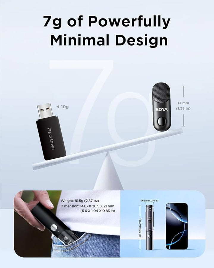 The Boya Wireless Lavalier Microphone-05 (7g, 1.38 in) is shown above a 10g USB drive balanced on a pencil, showcasing its sleek design. Other images display the mic’s noise reduction feature in hand, clipped to jeans, and next to a smartphone with measurements.