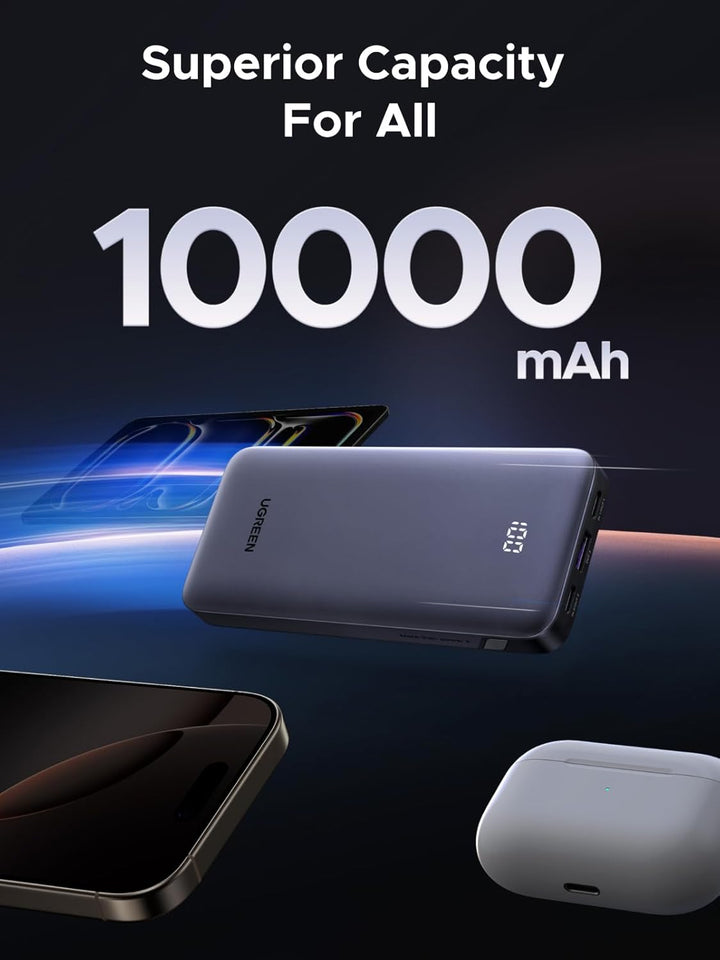 A sleek UGREEN Slim Power Bank 10000mAh 30W PD sits with its digital display, surrounded by a smartphone, wireless earbuds, and another phone—showcasing fast charging and wide compatibility for devices like iPhone 16 Pro Max, Galaxy S25 Ultra, Pixel 9.