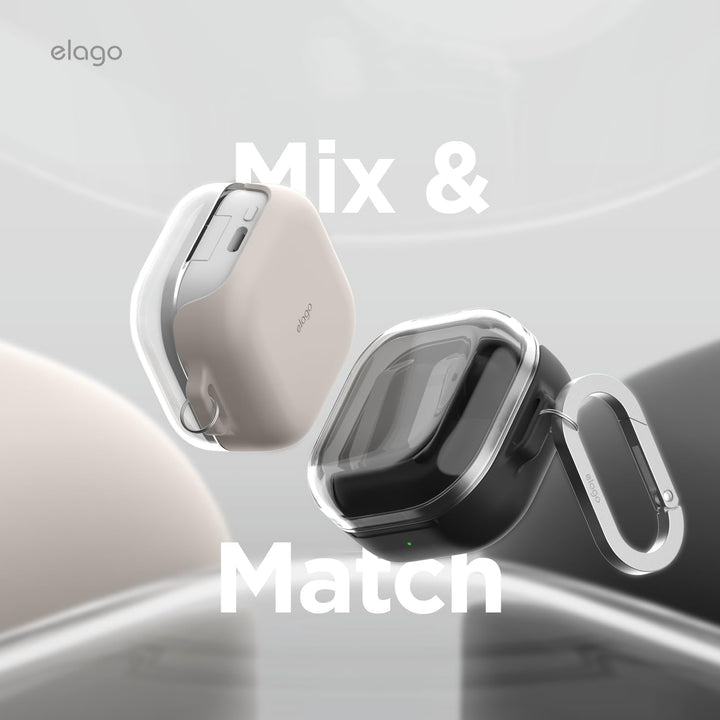 elago Duo Case with Carabiner, Compatible with Samsung Galaxy Buds 4 Pro Case & Galaxy Buds 4 Case, Premium Silicone + TPU Cover, Wireless Charging, for Men, for Women (Clear - Black)