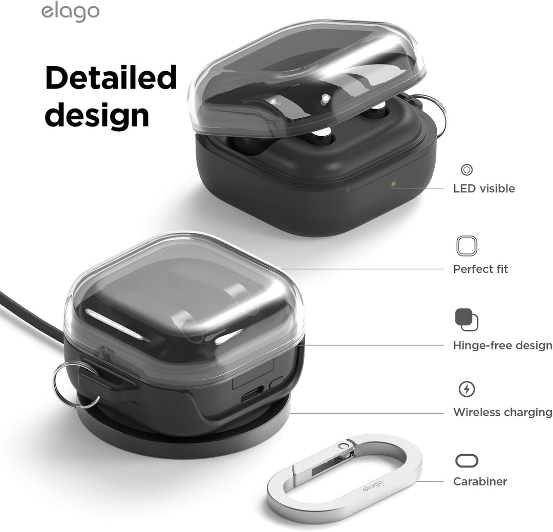 elago Duo Case with Carabiner, Compatible with Samsung Galaxy Buds 4 Pro Case & Galaxy Buds 4 Case, Premium Silicone + TPU Cover, Wireless Charging, for Men, for Women (Clear - Black)
