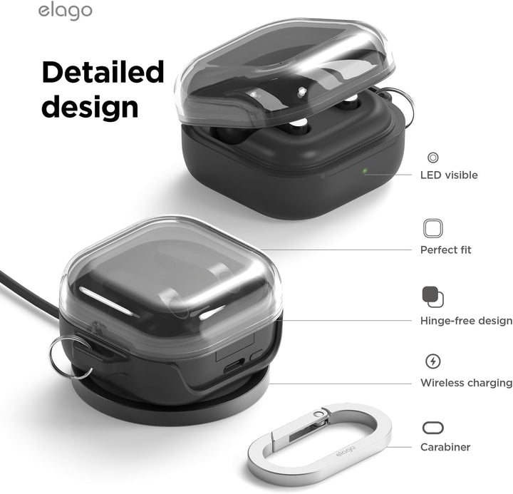elago Duo Case with Carabiner, Compatible with Samsung Galaxy Buds 4 Pro Case & Galaxy Buds 4 Case, Premium Silicone + TPU Cover, Wireless Charging, for Men, for Women (Clear - Black)