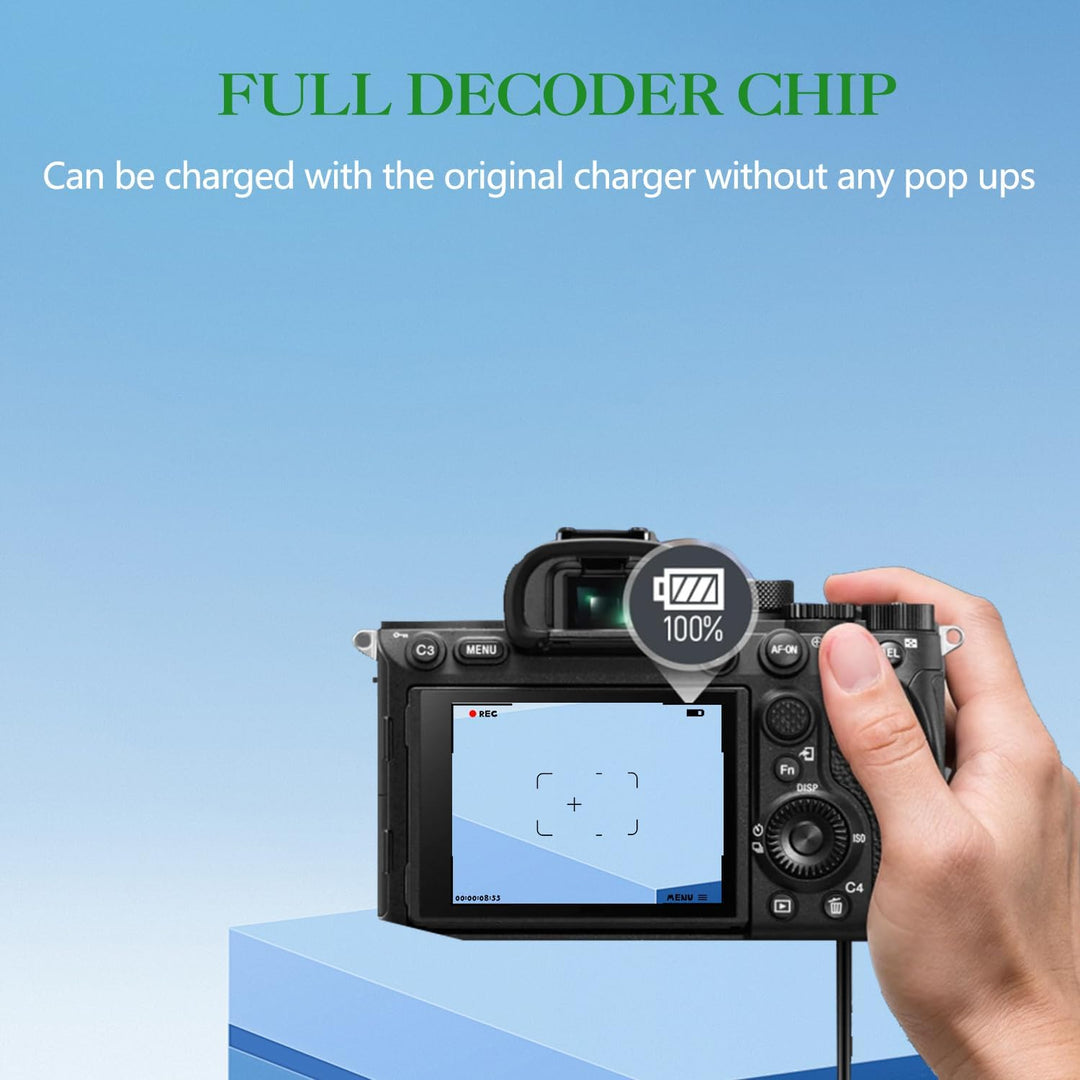 A hand holds a digital camera with its screen showing a full battery. Text: “DMW-BLK22 Battery Panasonic S5ii by MobileTechnica—fully compatible with original chargers, no pop-ups.” Blue geometric background.