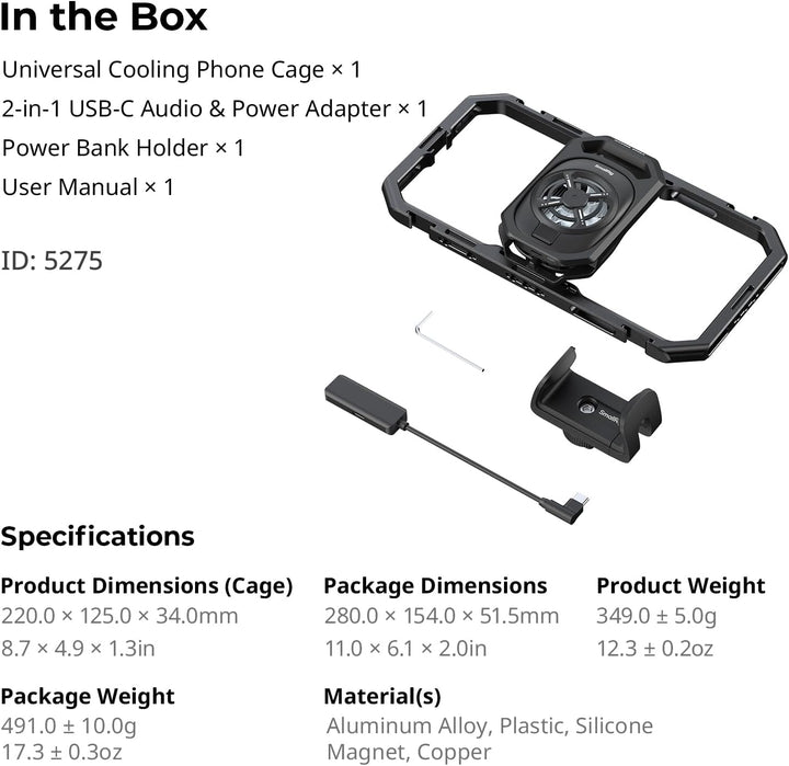 SmallRig Universal Hyper Chill Cooling Phone Cage for iPhone/Android, with 15W Active Cooler & 2-in-1 USB-C Adapter & Power Bank Holder, Compatible 2.5-3.1" Phones, Live Streaming Video Shooting-5275