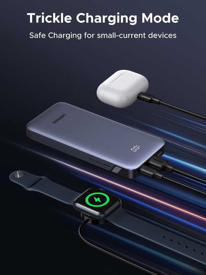 The UGREEN Slim Power Bank 10000mAh 30W PD fast charges iPhone, AirPods, and smartwatches. The display shows “50%”. “Trickle Charging Mode. Safe Charging for small-current devices.” Dynamic streaks highlight speed and power.