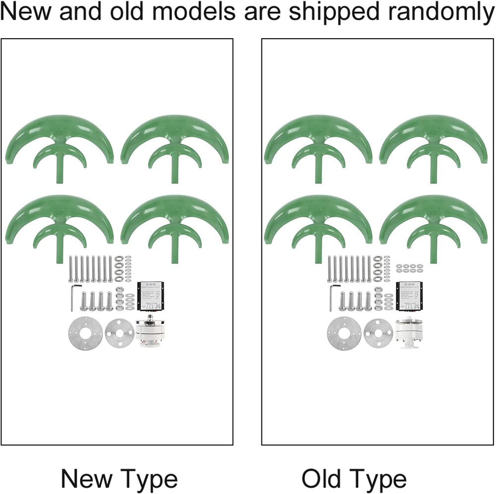 The image shows two sets of green parts (plastic and metal with screws) labeled “New Type” and “Old Type,” for the MobileTechnica 1200W Wind Turbine Generator (12V). Models ship randomly; both appear identical. Product description contains only CSS styles.