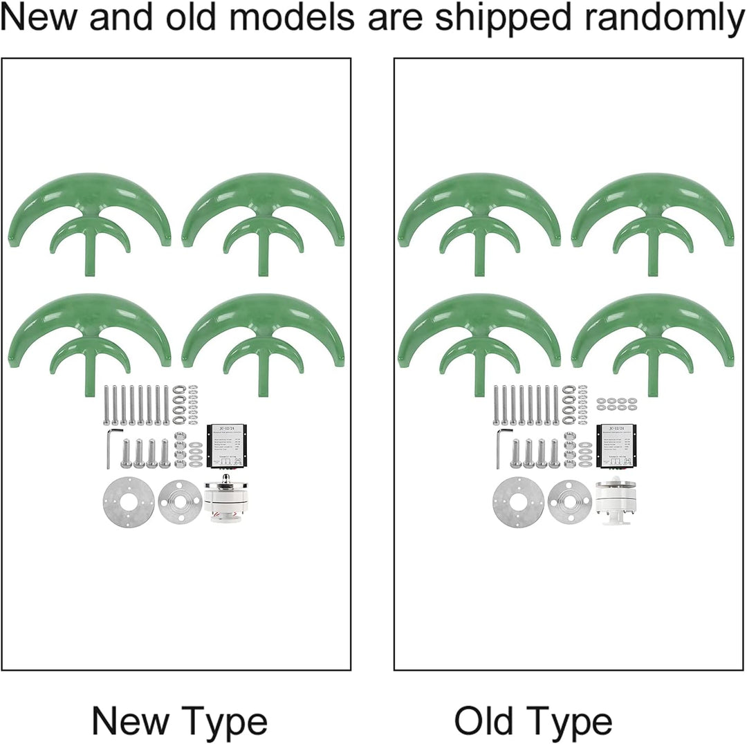 The image shows two sets of green parts (plastic and metal with screws) labeled “New Type” and “Old Type,” for the MobileTechnica 1200W Wind Turbine Generator (12V). Models ship randomly; both appear identical. Product description contains only CSS styles.