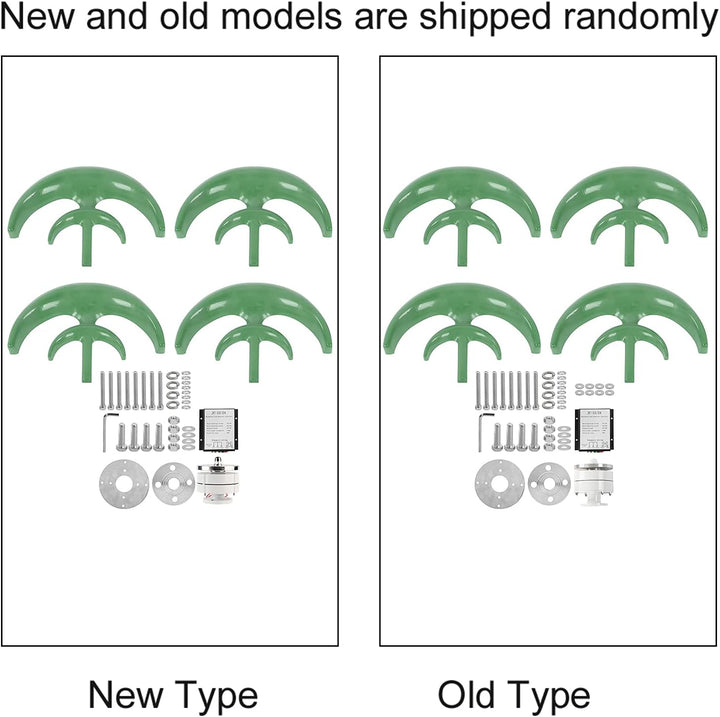 The image shows two sets of green parts (plastic and metal with screws) labeled “New Type” and “Old Type,” for the MobileTechnica 1200W Wind Turbine Generator (12V). Models ship randomly; both appear identical. Product description contains only CSS styles.