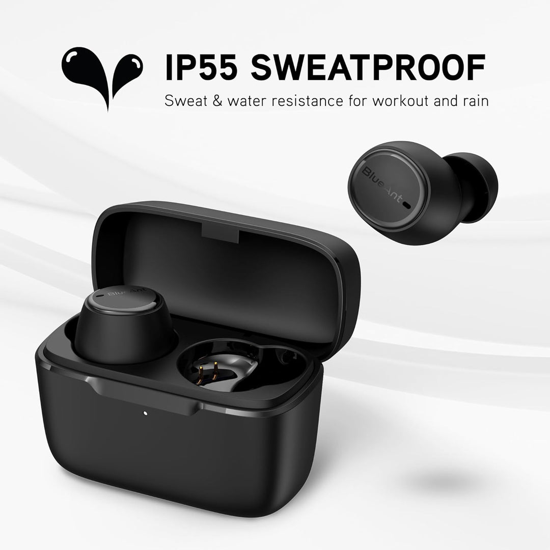 BlueAnt Pump Air Lite 2 Wireless in Ear Buds, 7mm Drivers with Big Bass, Clear Calls, IP55 Sweatproof, 26 Hours Playback, Lightweight 4g per Bud, 3 Sizes of Comfortseal Tips, Black/White (Black)