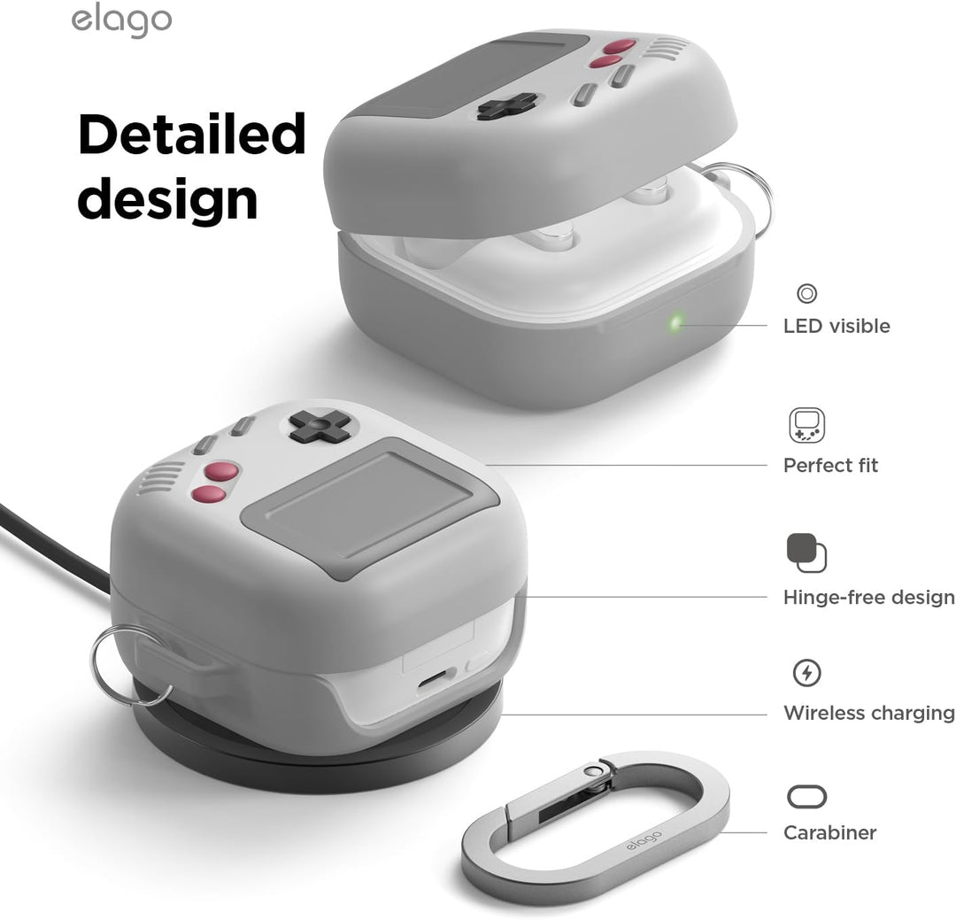 elago AW5 Case Compatible with Samsung Galaxy Buds 4 Pro & Galaxy Buds 4 Case, Classic Game Player Design Cover with Carabiner, Full Protection, Headphone Accessories, for Men, for Women (Light Grey)