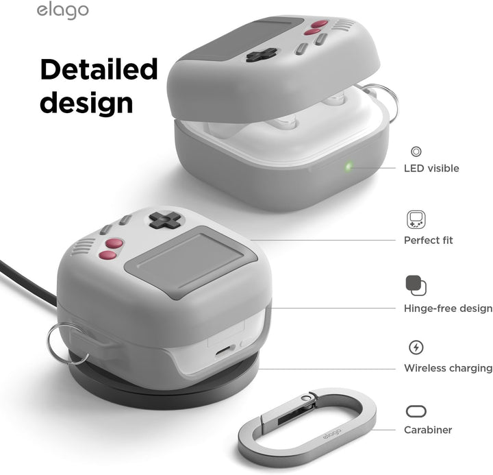 elago AW5 Case Compatible with Samsung Galaxy Buds 4 Pro & Galaxy Buds 4 Case, Classic Game Player Design Cover with Carabiner, Full Protection, Headphone Accessories, for Men, for Women (Light Grey)