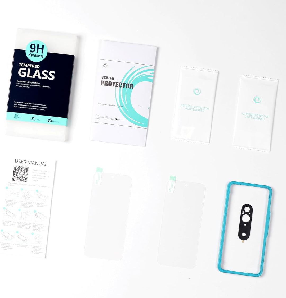 A flat lay shows MobileTechnica’s Google Pixel 10 5G 6.3" Screen Protector kit: 2 tempered glass protectors, 1 camera lens protector, user manual, wet/dry wipes, alignment frame with blue edge, and dust removal stickers on a white background.
