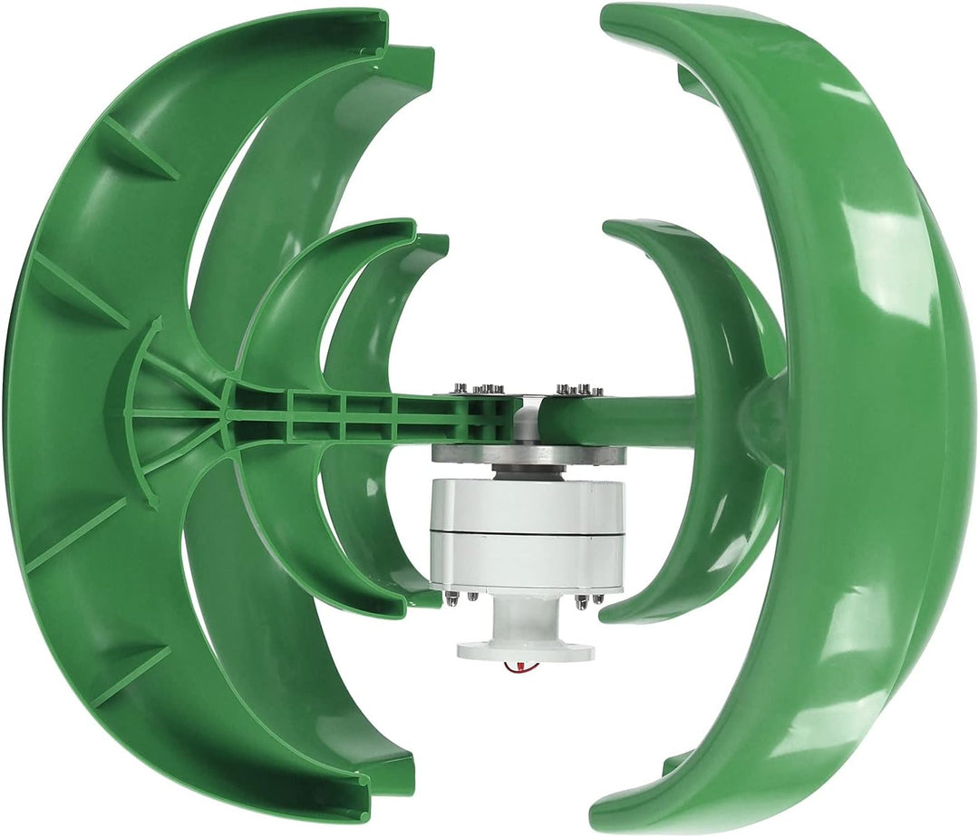 The MobileTechnica 1200W Wind Turbine features a green lantern-shaped design with four aerodynamic blades, a visible white hub, and a 0.9-meter wheel diameter, efficiently generating sustainable 12V power from any wind direction.