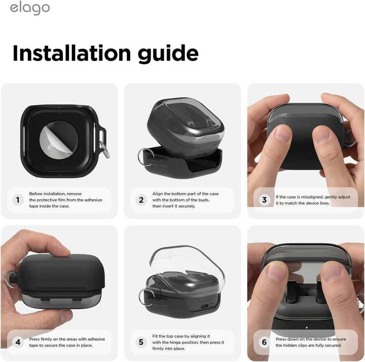 elago Duo Case with Carabiner, Compatible with Samsung Galaxy Buds 4 Pro Case & Galaxy Buds 4 Case, Premium Silicone + TPU Cover, Wireless Charging, for Men, for Women (Clear - Black)